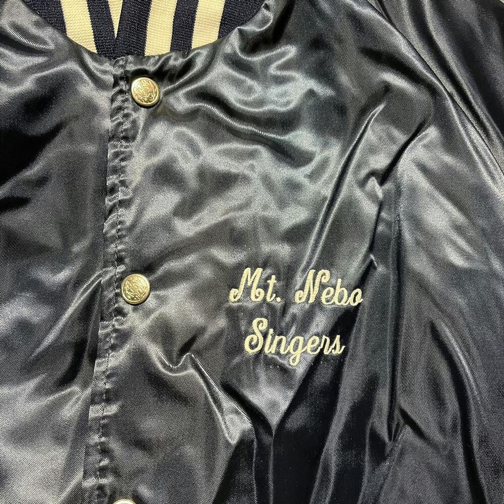 Vintage 70s Bike Satin Chain Stitched Navy Bomber Jacket - Picture 2 of 3